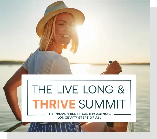 photo of woman in canoe looking over shoulder and smiling at camera with live long and thrive summit logo superimposed