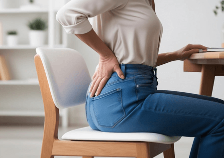 photo of woman in chair holding her hand on back of waist