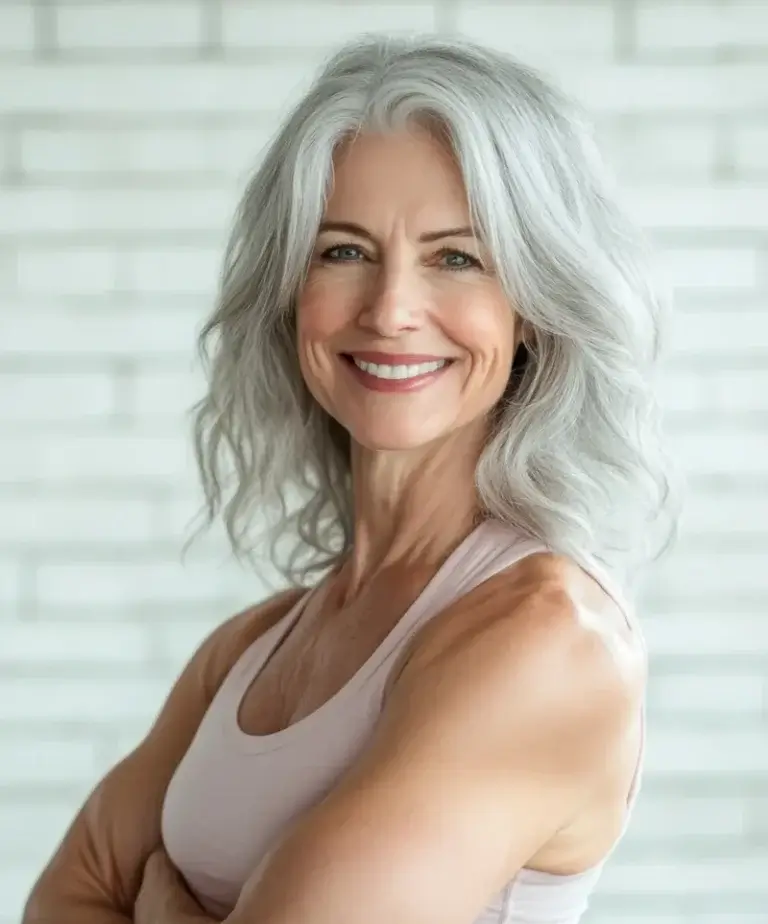An older adult with long, wavy gray hair stands in front of a white brick wall, smiling confidently with arms crossed.