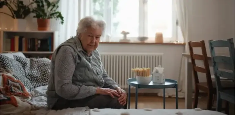 An elderly person wearing a grey quilted vest over a long-sleeve shirt sits on a couch in a warmly lit living room, looking down thoughtfully.