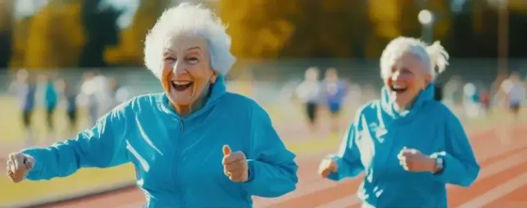 Two older adults jog on a running track, both wearing light blue athletic jackets. They appear energetic and engaged, with other participants visible in the background. Autumn-colored trees and a blurred crowd suggest a community fitness event.