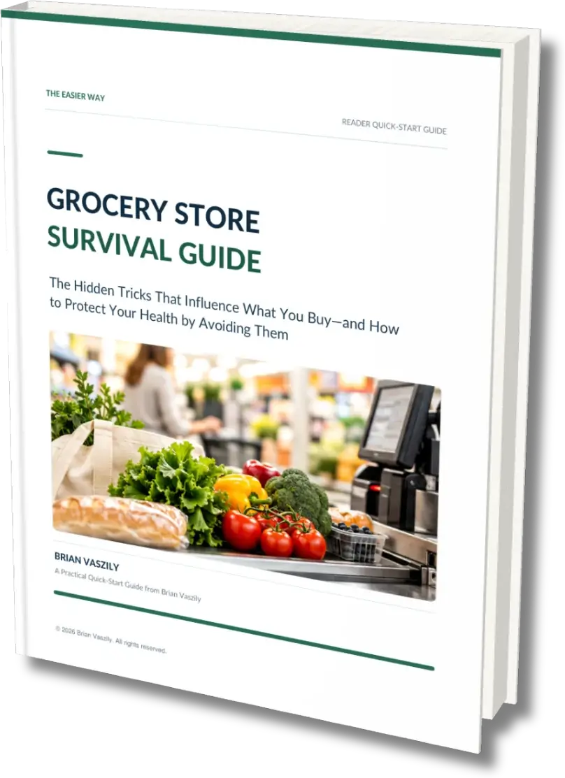 Cover of The Easier Way Grocery Store Survival Guide by Brian Vaszily, showing fresh vegetables at a store checkout