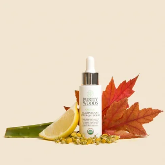 photo of bottle of hyper-lift serum surrounded by leaves and fruit